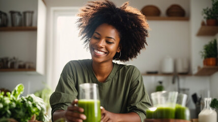 Healthy young woman smiling while preparing a detox green juice, healthy living concept
 - obrazy, fototapety, plakaty