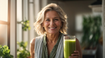 Healthy senior woman smiling while holding some green juice,healthy living concept, space for text
 - obrazy, fototapety, plakaty