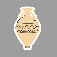 Ancient amphora with two handles isolated. Decorative vase with an ornament. Sticker of an ancient Greek jug. Element in beige color with a line. Clay vessel. Hand drawn. Vector.
