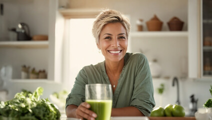 Healthy senior woman smiling while holding some green juice, healthy living concept, space for...
