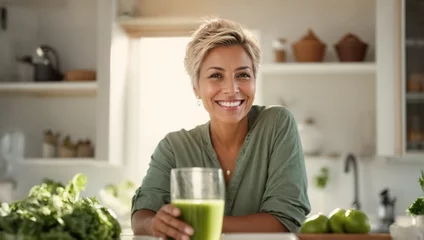 Ingelijste posters Healthy senior woman smiling while holding some green juice, healthy living concept, space for text    © anandart