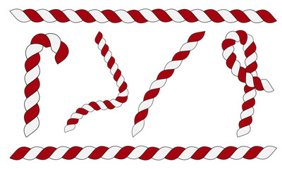 set of vector christmas elements of striped red and white candy canes in different shapes