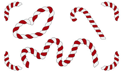 set of vector Christmas candy canes striped red and white in different shapes