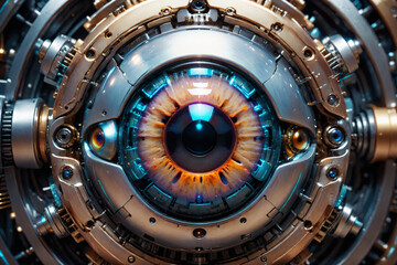 Artificial intelligence, mechanical cyborg  eye suspended in the dark void