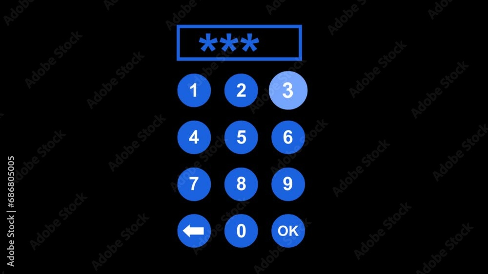 Poster video animation icon of classic numeric keypad for device access and security system, on a transpare