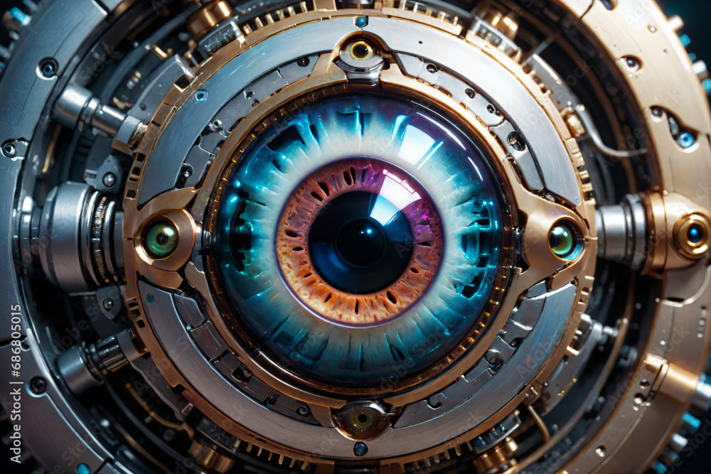 Poster artificial intelligence, mechanical cyborg eye suspended in the dark void