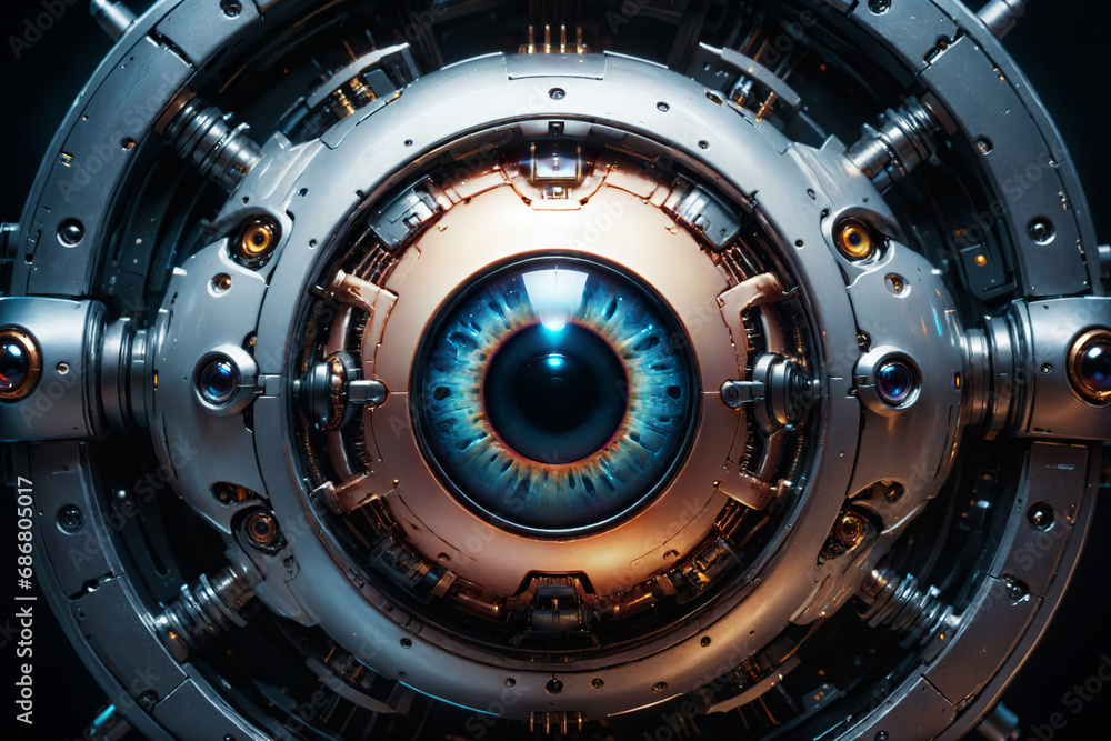 Poster artificial intelligence, mechanical cyborg eye suspended in the dark void