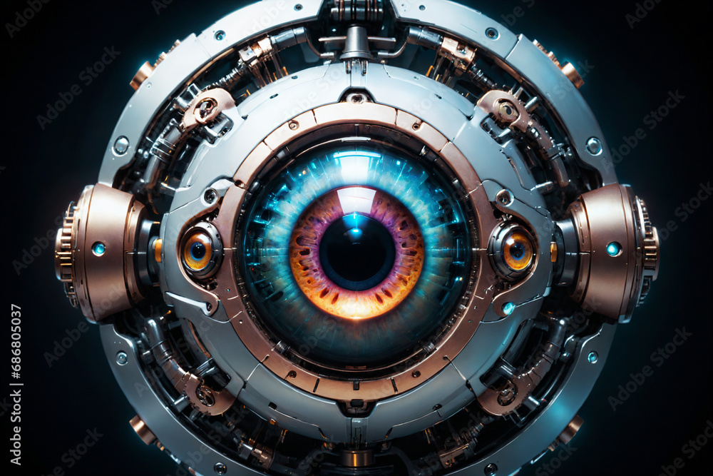 Poster artificial intelligence, mechanical cyborg eye suspended in the dark void