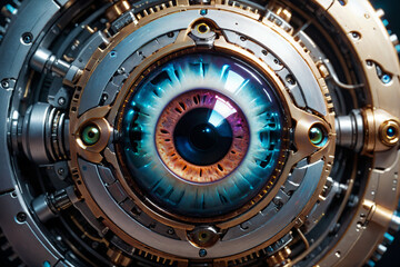 Fototapeta premium Artificial intelligence, mechanical cyborg eye suspended in the dark void