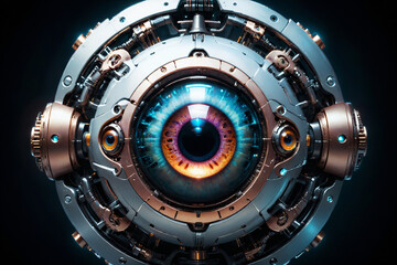 Artificial intelligence, mechanical cyborg  eye suspended in the dark void