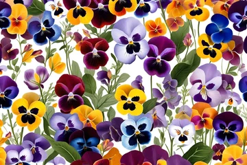 Gordijnen A vibrant banner featuring Viola pansy flowers, showcasing a colorful collection of spring blooms and leaves against a crisp white background.  © FH Collections