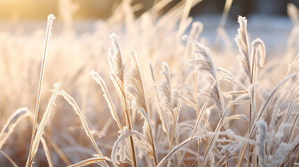 Fototapeta premium Icy Morning Whispers: Delicate frost crystals glistening on blades of grass, capturing the quiet beauty of an early winter morning.