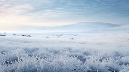 Frozen Wilderness: Vast expanses of frost-covered grass, stretching into the distance and forming an ethereal, otherworldly winter landscape.