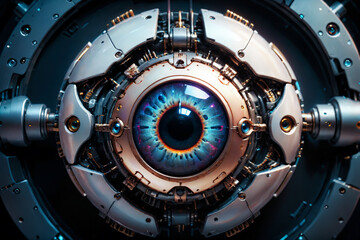 Artificial intelligence, mechanical cyborg  eye suspended in the dark void