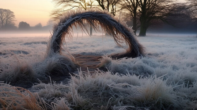 Cold Embrace: Frost-covered grass bending under the weight of ice, depicting the resilience of nature in the face of winter's icy grip.