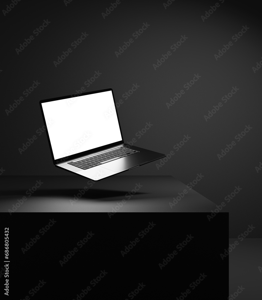 Poster laptop mock up on the black background with black dark wall and black table stage with spotlight bea