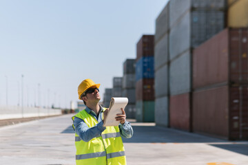 Worker with a notepad near cargo containers on industrial site