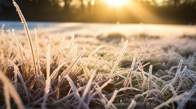 Morning Chill: Grass blades covered in frost, capturing the crispness and clarity of a cold morning, inviting viewers to feel the chill.