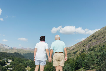 Back view of senior couple looking at view hand in hand, Jaca, Spain