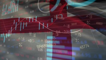 Animation of statistics and financial data processing over flag of england - Powered by Adobe