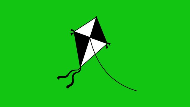 video drawing animation illustration of moving kite object, drawn in black and white color. On a green chroma key background