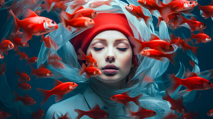 Portrait surréaliste d'une femme avec des poissons rouges volant autour d'elle - obrazy, fototapety, plakaty