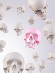 Rendering of pink skull amidst white skulls
