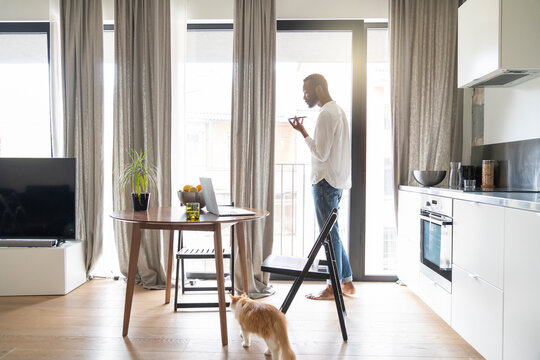 Man standing at Frencch door in modern apartment using smartphone