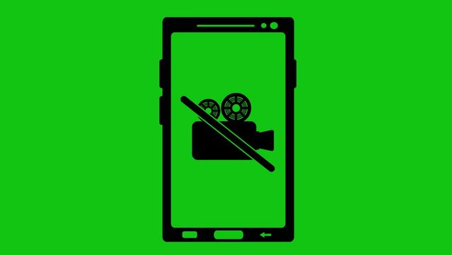 video animation black icon of smartphone or mobile phone, with its video recorder disabled. On a green chroma key background