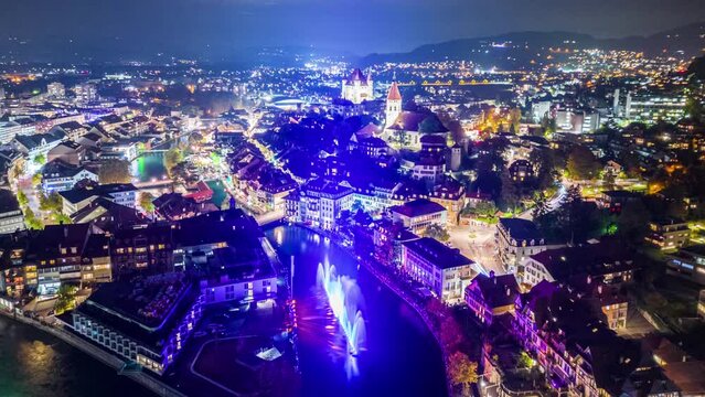 Thun, Switzerland light show from above at night.