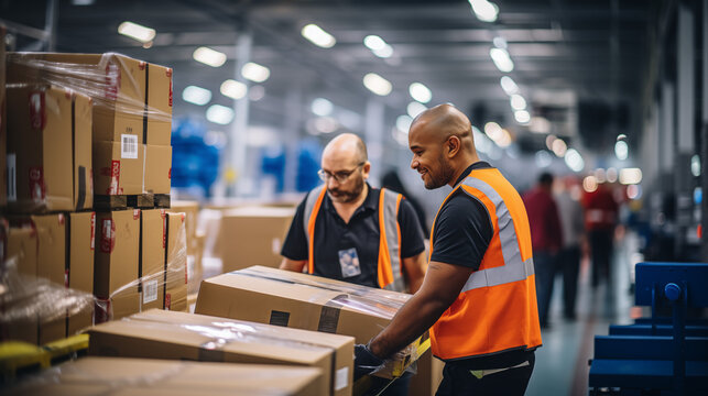 Professionals working together in a warehouse. Fulfillment, logistics, transportation background. 