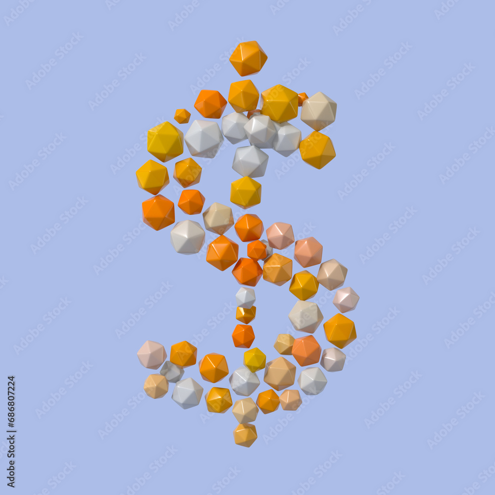 Poster multicolored particle sphere style us dollar currency symbol isolated on white background. 3d render