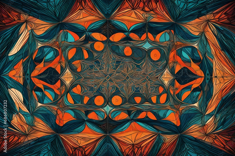 Poster generate an intricately detailed abstract pattern of interconnected geometric shapes in a harmonious