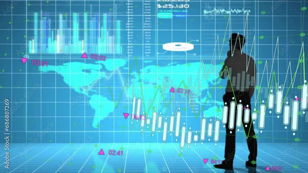 Poster animation of world map and financial data processing over businessman