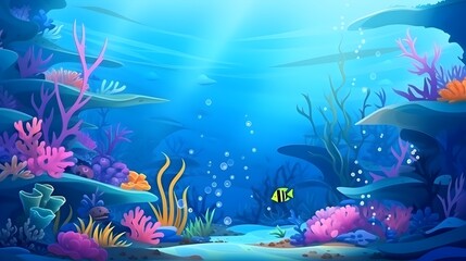 Naklejka na ściany i meble Vibrant underwater cartoon scene, colorful coral reef, marine life, adventure, fantasy, illustration