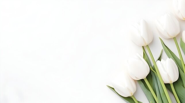 Elegant white tulips on a white background, minimalistic floral design, spring flowers, mother's day concept