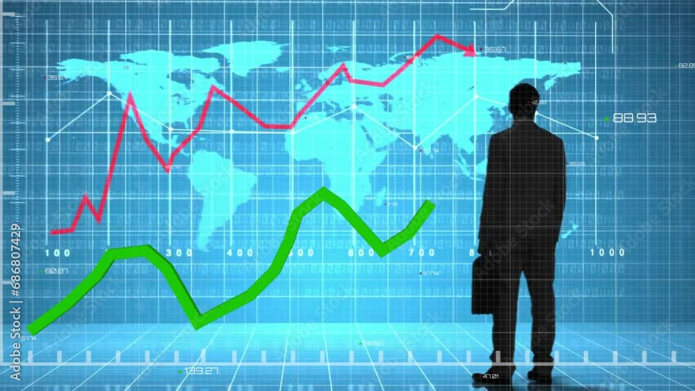 Poster animation of world map and financial data processing over businessman