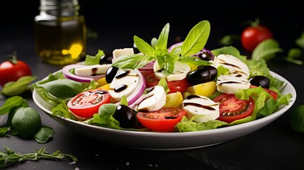 The salad is floating in the air, consisting of olives, lettuce, onion, tomato, mozzarella cheese, parsley, basil, and olive oil.