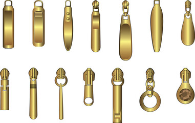 Gold metal Zipper puller flat sketch vector illustration set, different types of 3D brass Zip pull for fasteners, dresses garments, bags, Fashion illustration, Clothing and Accessories © Fathima Flats