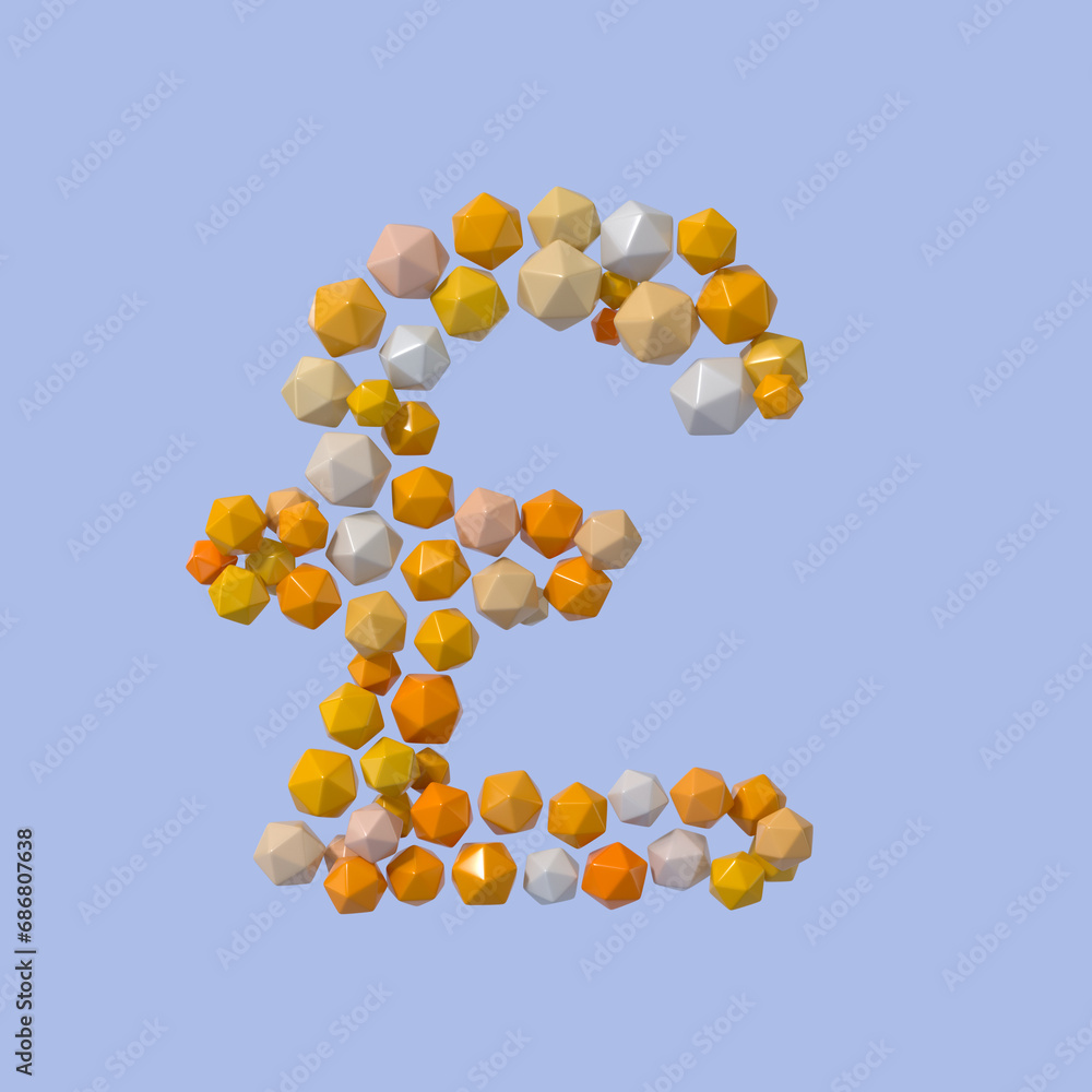 Poster multicolored particle sphere style pound currency symbol isolated on white background. 3d rendering