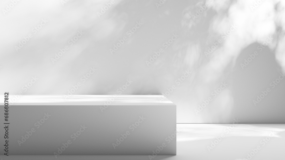 Poster white empty podium stage with white blank plaster wall and leafs and window shadows and sunlight bac