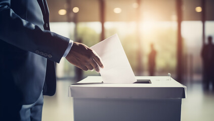 Man putting his vote into ballot box on blurred background, closeup