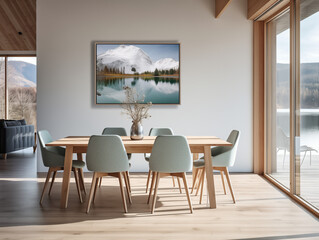 Turquoise chairs at wooden round dining table. Scandinavian home interior design of modern dining room