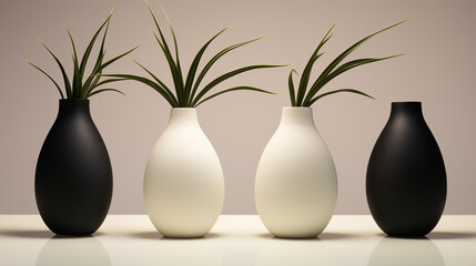 Minimalistic Black and White Vases with Lush Green Plants. Elegant Monochrome Home Decor Accents, Stylish Interior Design Elements. High-Resolution Image for Modern Living Spaces