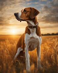 Brown dog with collar standing in field against sunset.