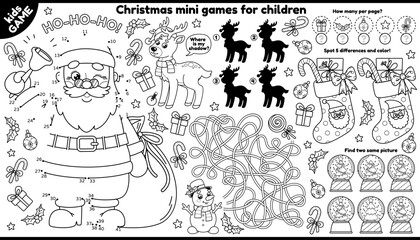 Vector Christmas games placement for children. Outline set holiday Santa, New Year stockings, Xmas decorations. Winter kids Coloring. Labyrinth, connect the dots, find differences, find correct shadow