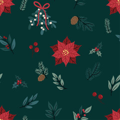 Fototapeta na wymiar Seamless pattern with cute Christmas gifts and mistletoe branches on a white background for textiles, scrapbooking paper, cards.