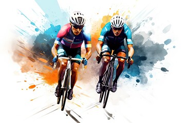 bicycle racers racing in the style of watercolor Generative AI - obrazy, fototapety, plakaty