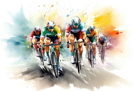 bike racers riding on the track in watercolor Generative AI