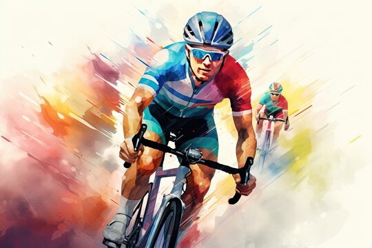 a watercolor painting of cyclists and a colorful background Generative AI